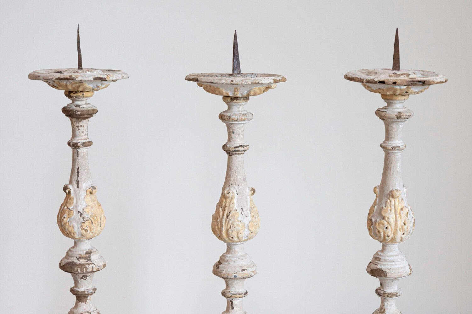 French Early 18th Century Rococo Gray and Cream Painted Candlesticks, Sold Each - JAA