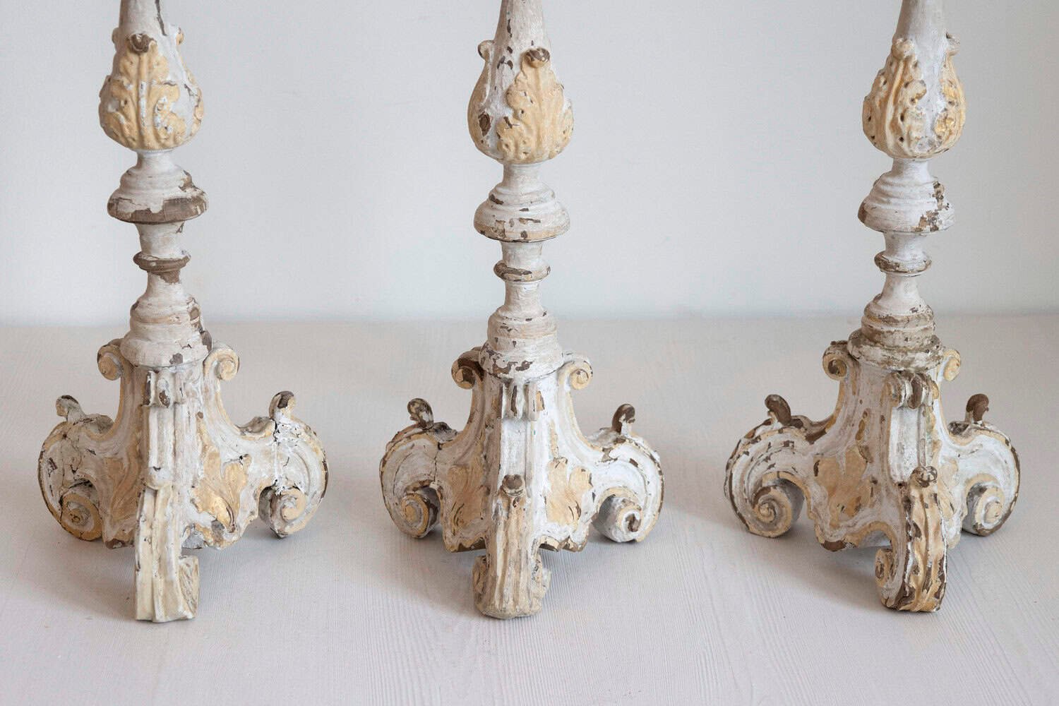 French Early 18th Century Rococo Gray and Cream Painted Candlesticks, Sold Each - JAA