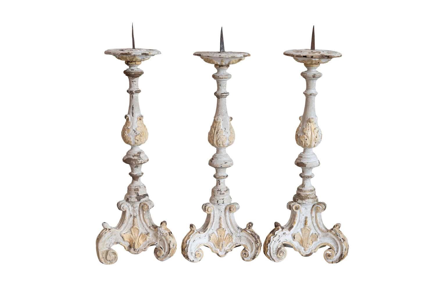 French Early 18th Century Rococo Gray and Cream Painted Candlesticks, Sold Each