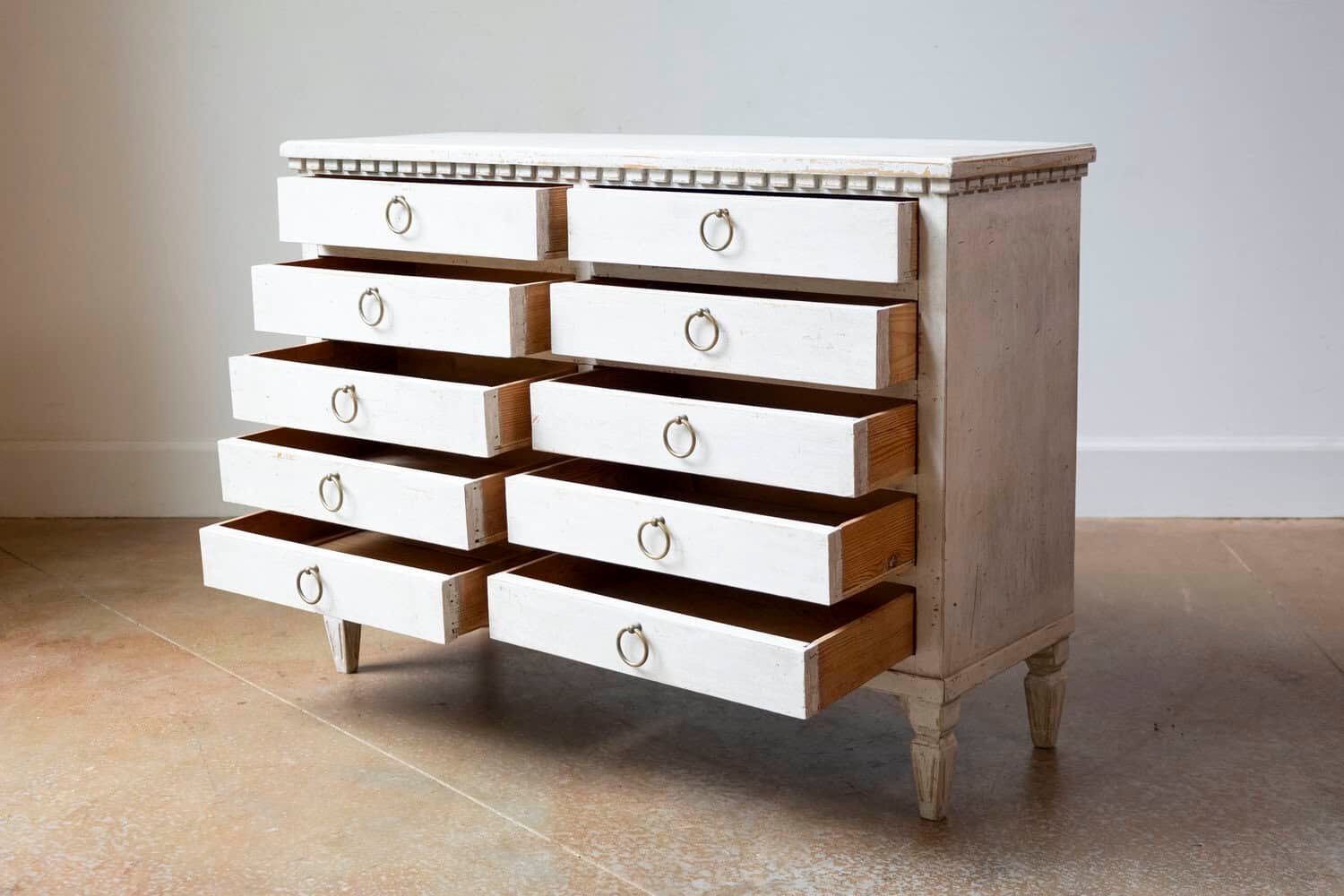 Swedish Gustavian Style 1890s Apothecary Chest with 10 Drawers and Carved Dentil - JAA