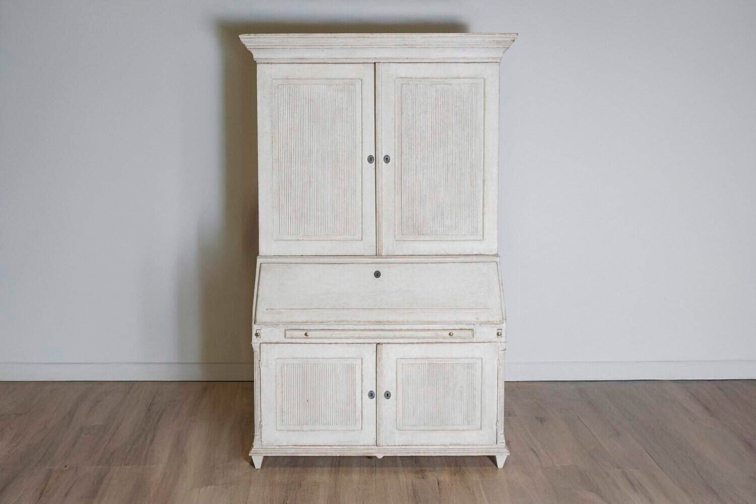 Danish 1810s Beige Gray Painted Two-Part Tall Secretary with Slant-Front Desk - JAA