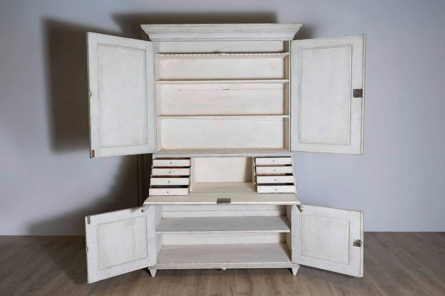 Danish 1810s Beige Gray Painted Two-Part Tall Secretary with Slant-Front Desk - JAA