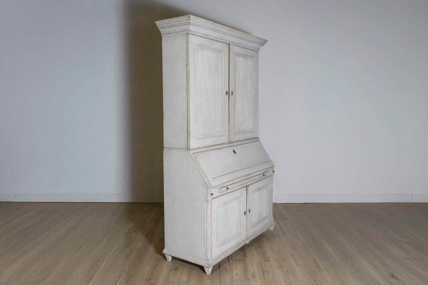 Danish 1810s Beige Gray Painted Two-Part Tall Secretary with Slant-Front Desk - JAA