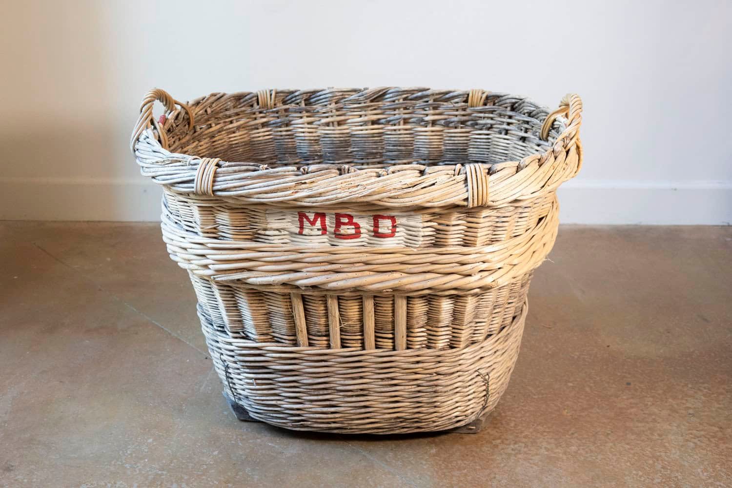 French 1940s Wicker Champagne Harvesting Basket with Stenciled Vineyard Marking - JAA