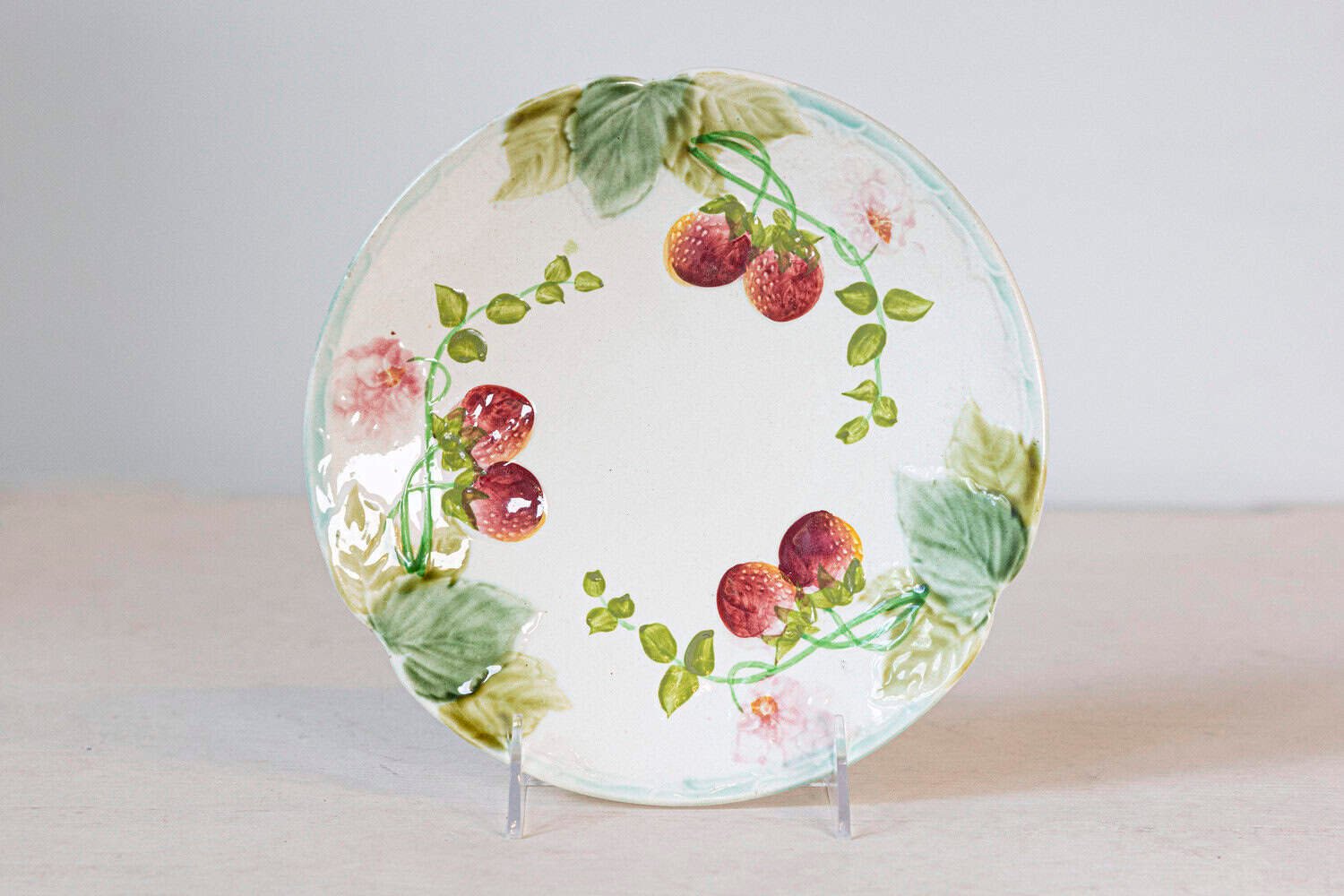 French 19th Century Choisy-le-Roi Majolica Strawberry Plates with Foliage - JAA