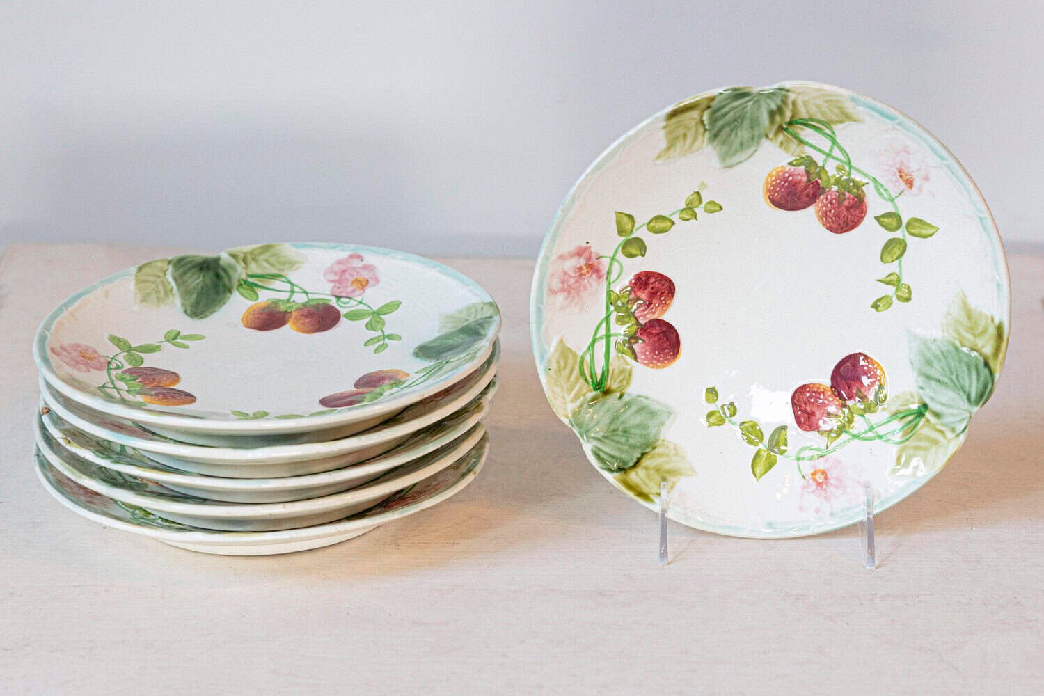 French 19th Century Choisy-le-Roi Majolica Strawberry Plates with Foliage - JAA