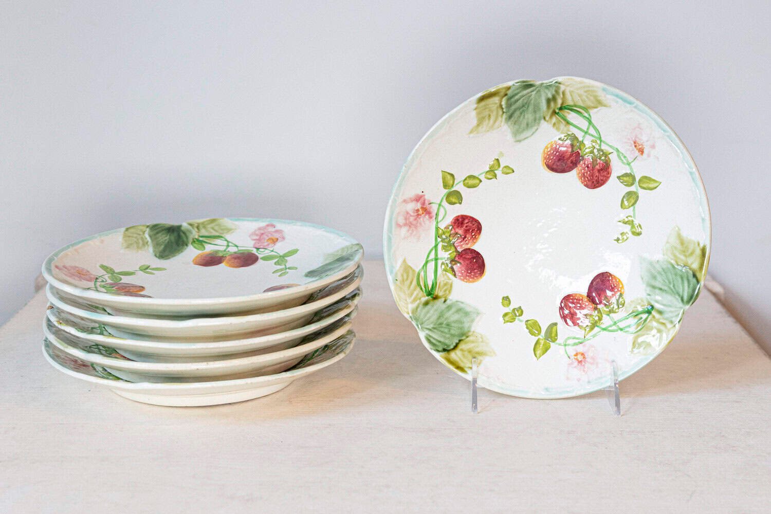 French 19th Century Choisy-le-Roi Majolica Strawberry Plates with Foliage - JAA