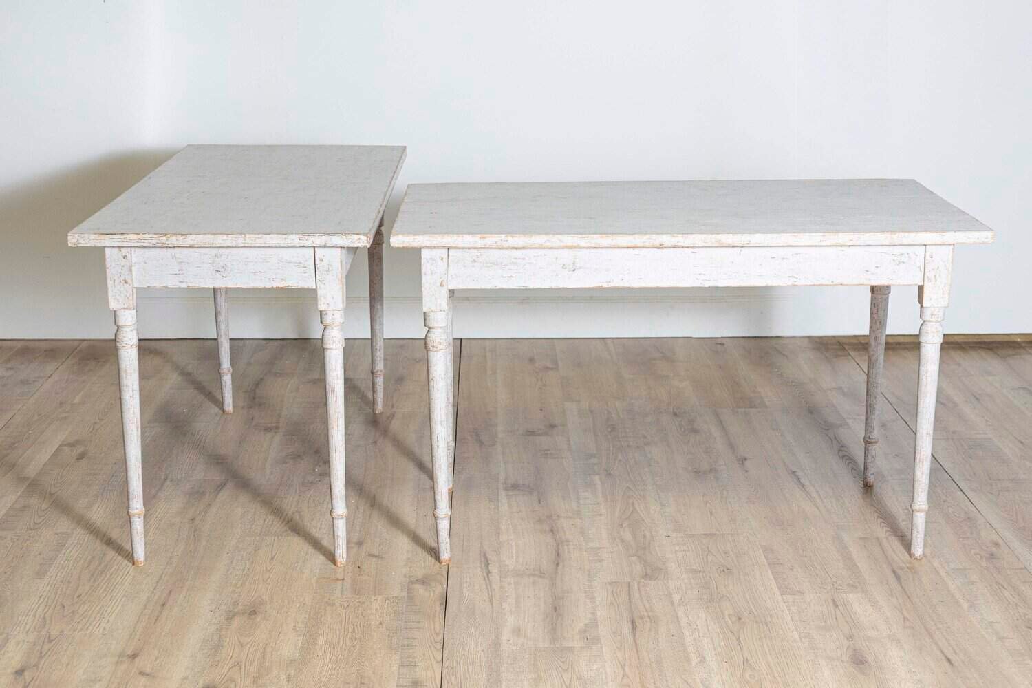 Pair of Swedish 1840s Light Gray Painted Side Tables with Distressed Finish - JAA