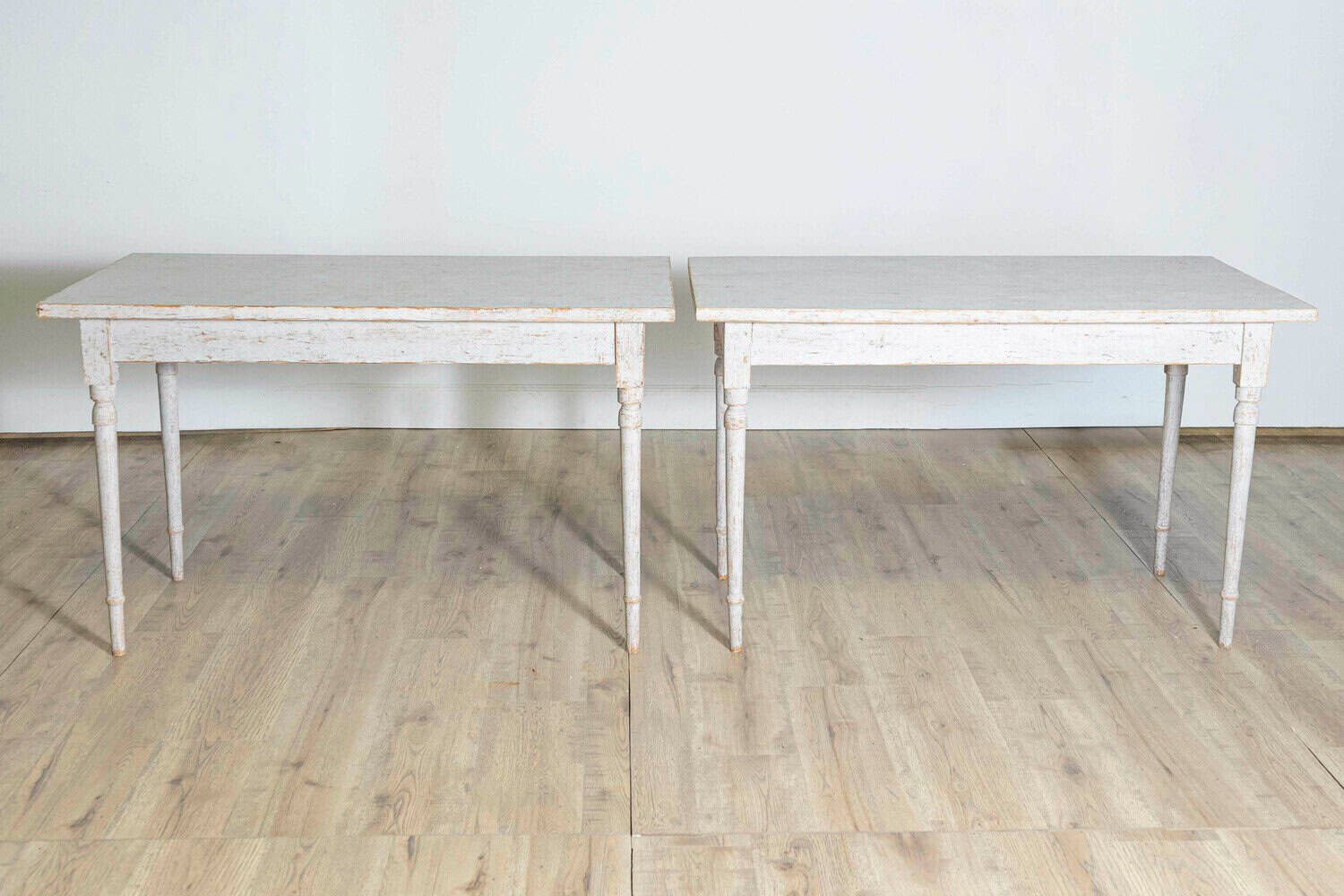 Pair of Swedish 1840s Light Gray Painted Side Tables with Distressed Finish - JAA