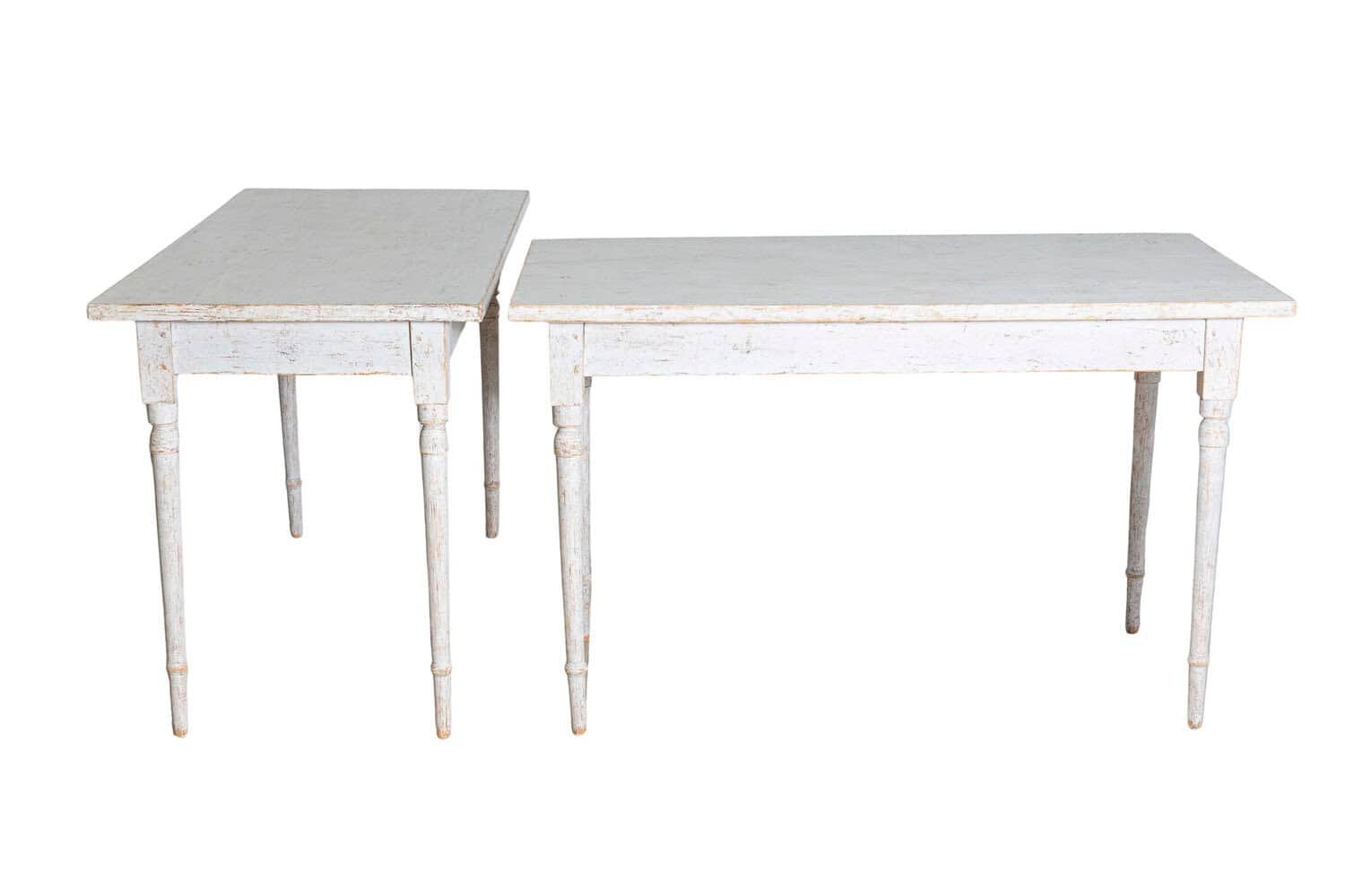 Pair of Swedish 1840s Light Gray Painted Side Tables with Distressed Finish