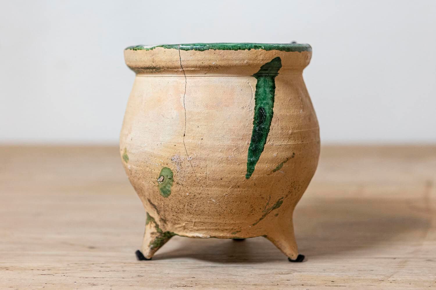 French Provincial 19th Century Pottery Cooking Pot with Partial Green Glaze - JAA