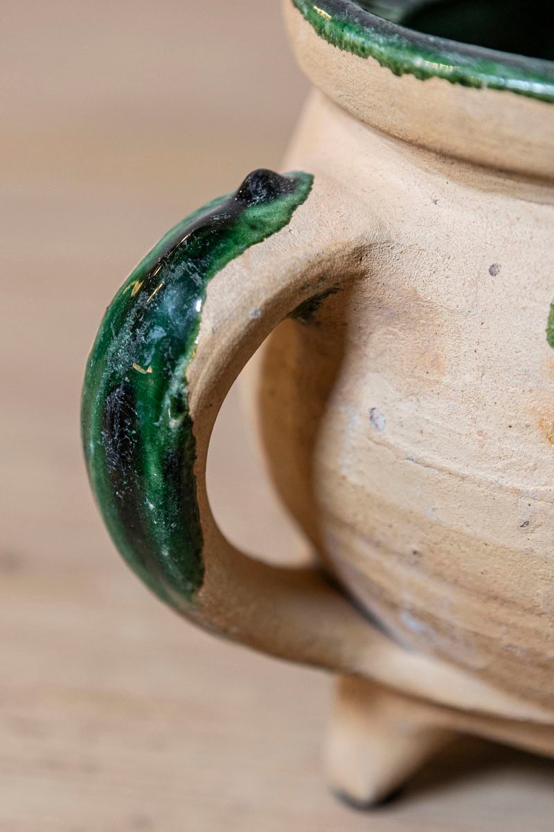 French Provincial 19th Century Pottery Cooking Pot with Partial Green Glaze - JAA