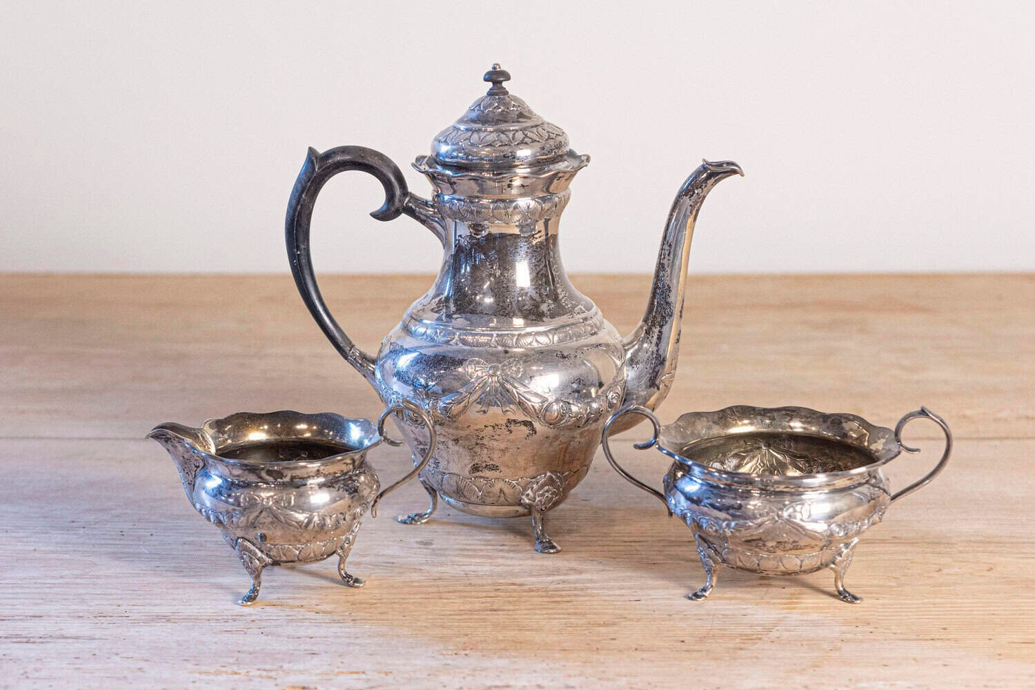 Danish 1930s Johannes Siggaard Three-Piece Silver Coffee Set with Ebony Handle - JAA