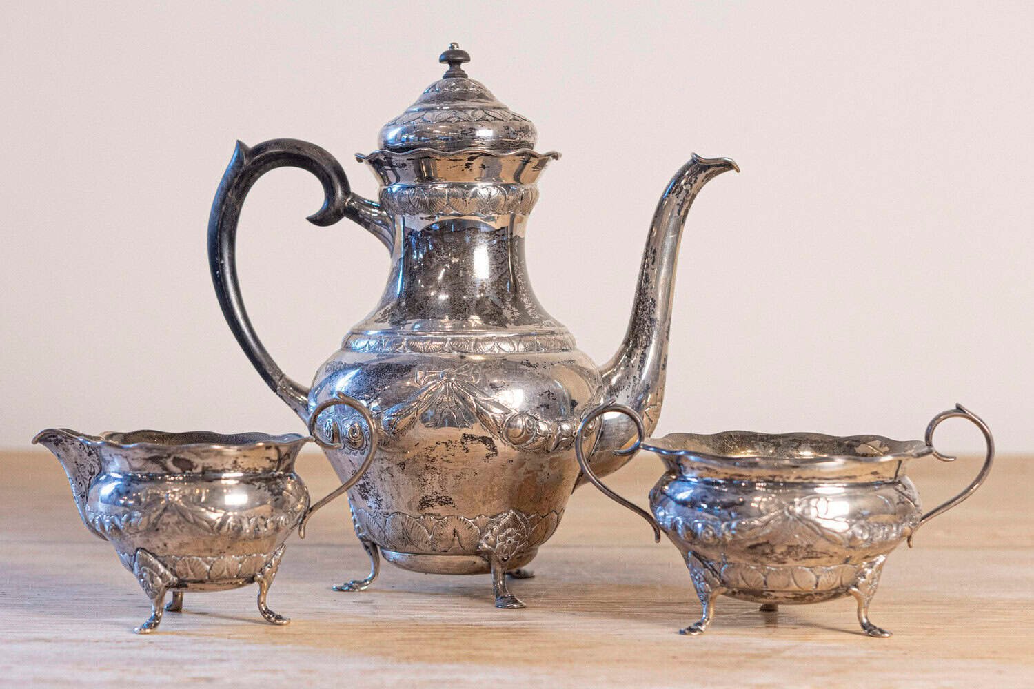 Danish 1930s Johannes Siggaard Three-Piece Silver Coffee Set with Ebony Handle - JAA