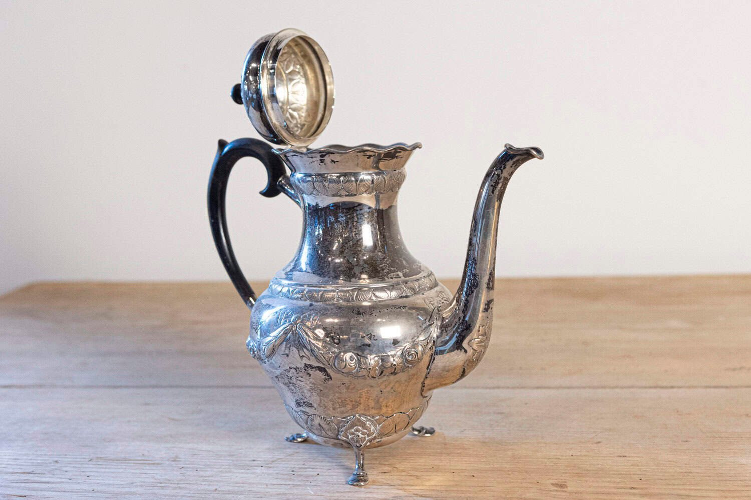 Danish 1930s Johannes Siggaard Three-Piece Silver Coffee Set with Ebony Handle - JAA