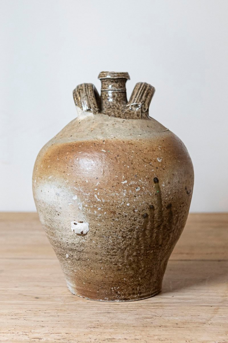 French 19th Century Double Handled Brown Glaze Pottery Jug with Rustic Character - JAA