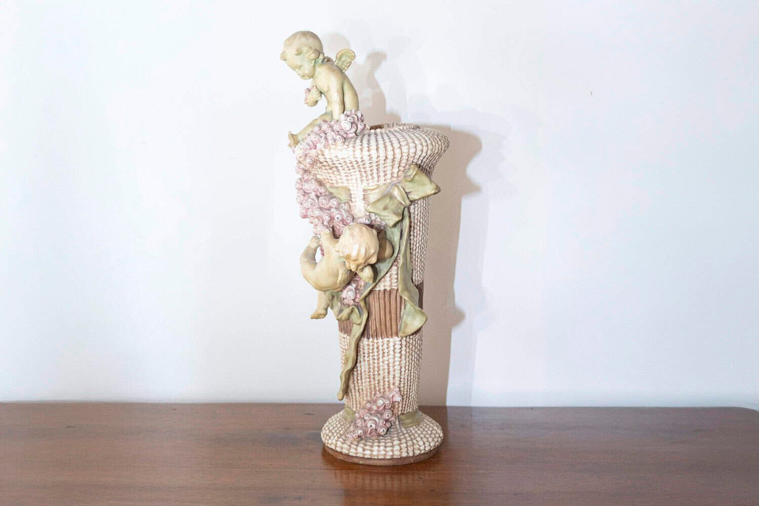 French 1860s Napoléon III Painted Terracotta Vase with Playful Cherubs and Roses - JAA