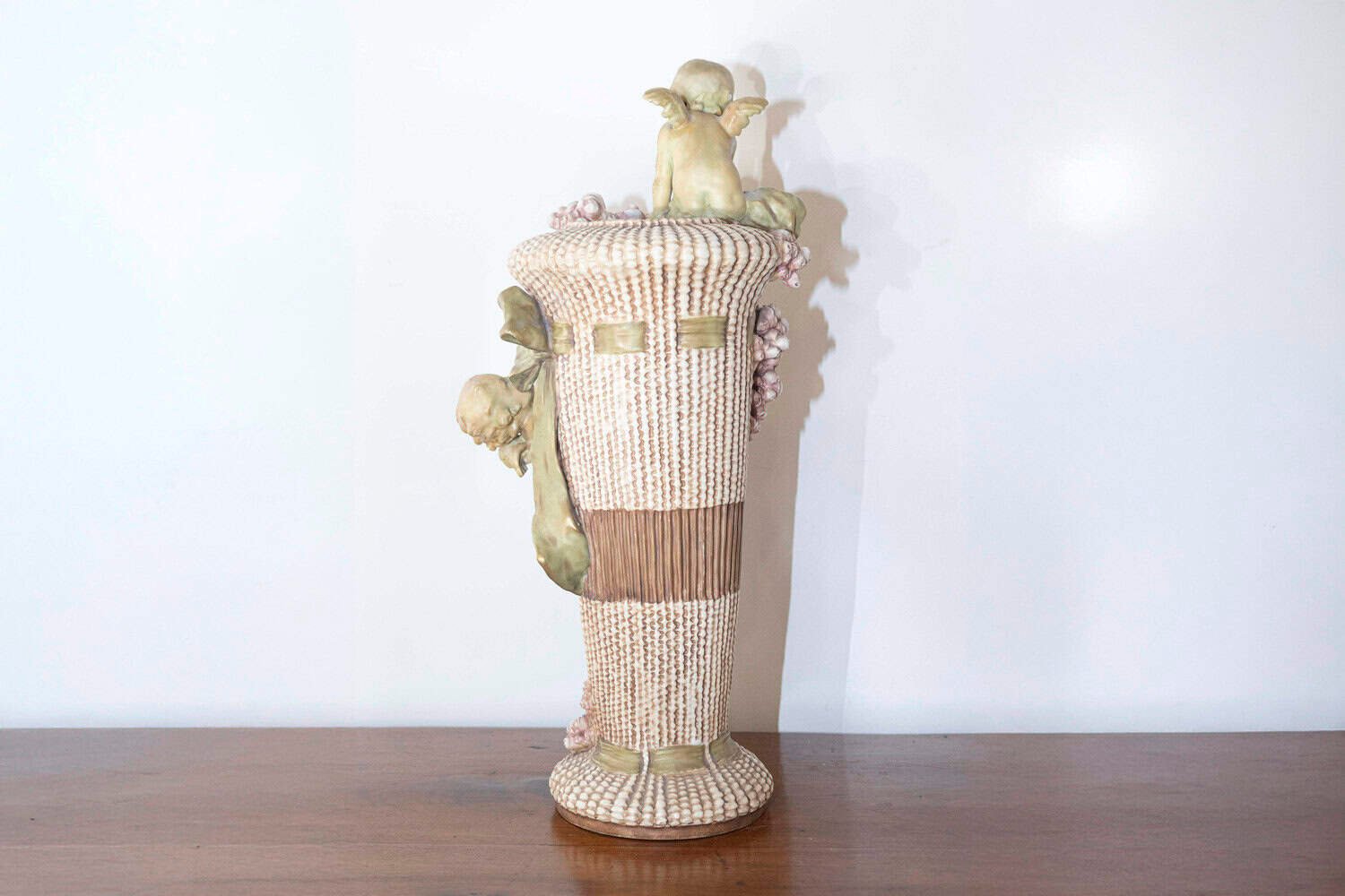 French 1860s Napoléon III Painted Terracotta Vase with Playful Cherubs and Roses - JAA