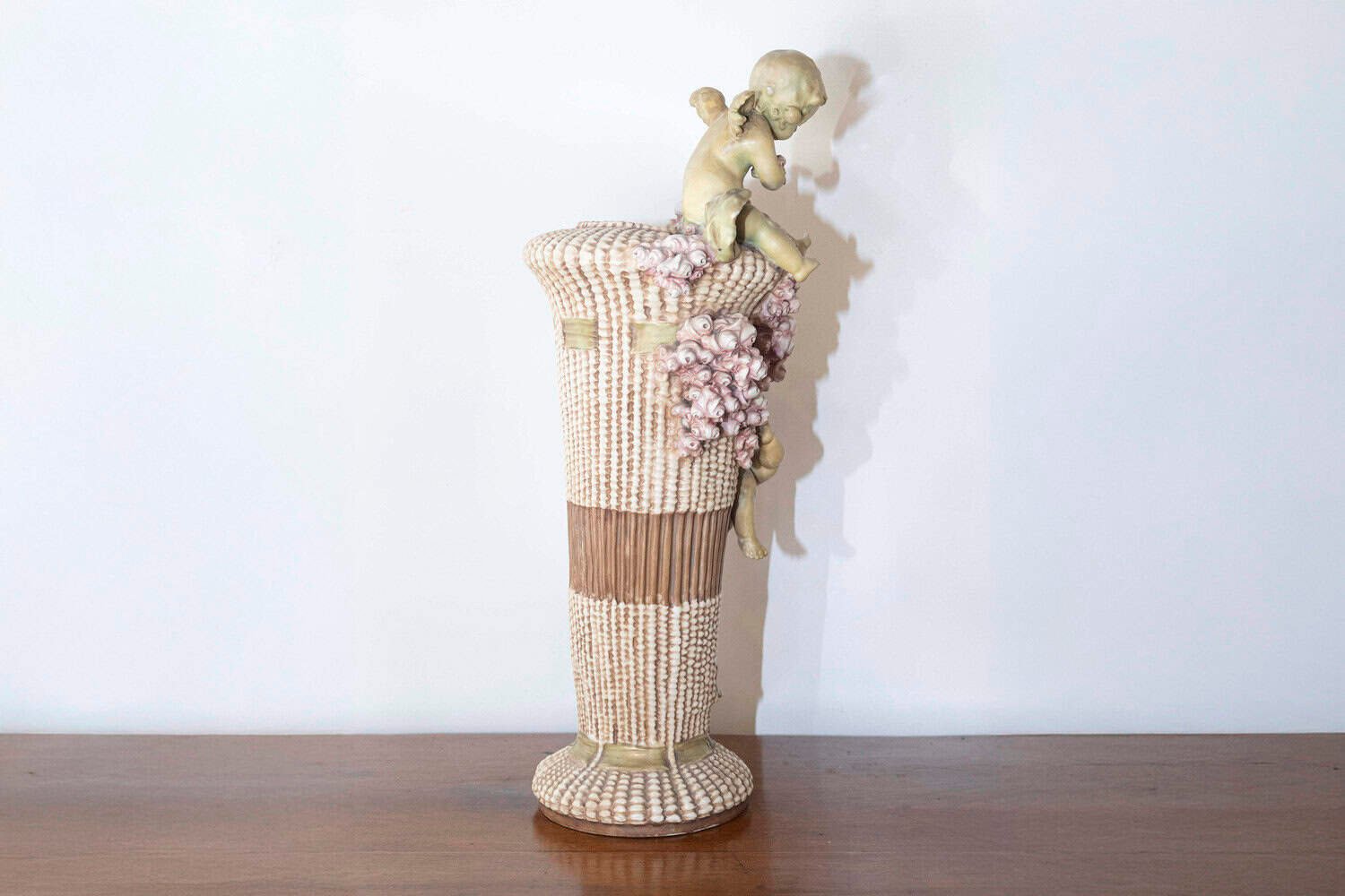 French 1860s Napoléon III Painted Terracotta Vase with Playful Cherubs and Roses - JAA