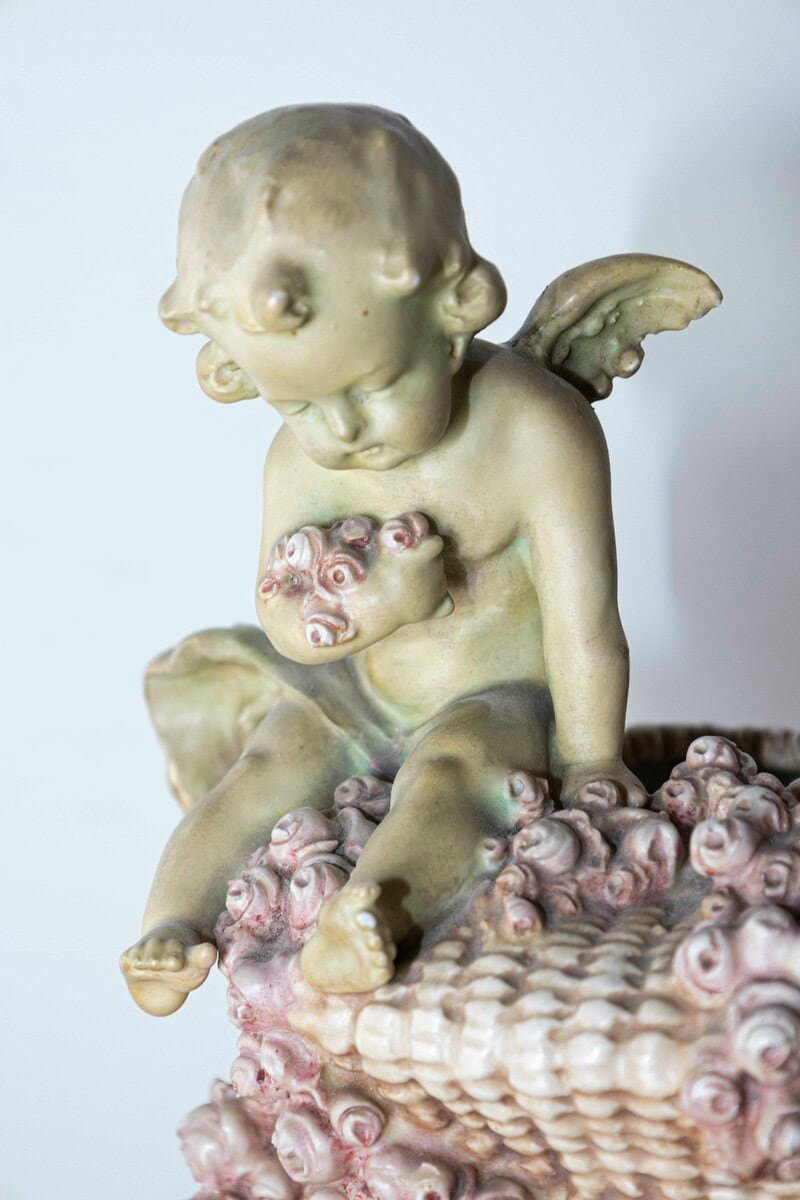 French 1860s Napoléon III Painted Terracotta Vase with Playful Cherubs and Roses - JAA