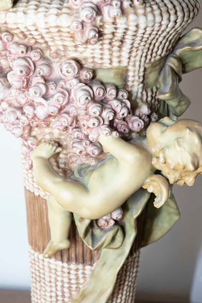 French 1860s Napoléon III Painted Terracotta Vase with Playful Cherubs and Roses - JAA