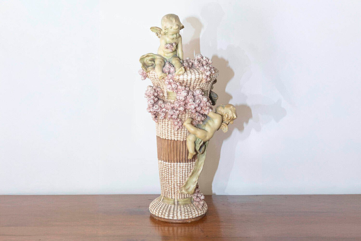 French 1860s Napoléon III Painted Terracotta Vase with Playful Cherubs and Roses - JAA