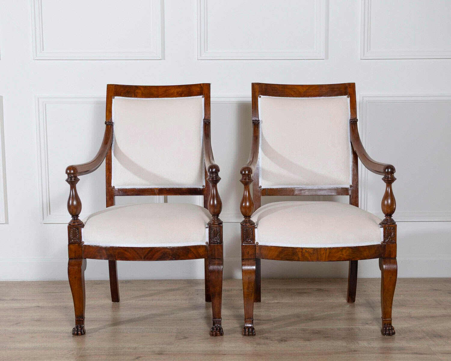 Pair of Italian Empire Armchairs in Mahogany with White Velvet Upholstery, Genoa 19th Century - JAA