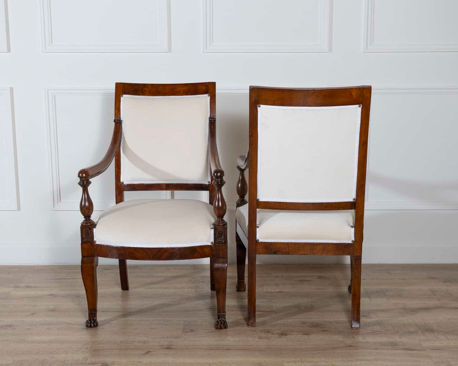 Pair of Italian Empire Armchairs in Mahogany with White Velvet Upholstery, Genoa 19th Century - JAA