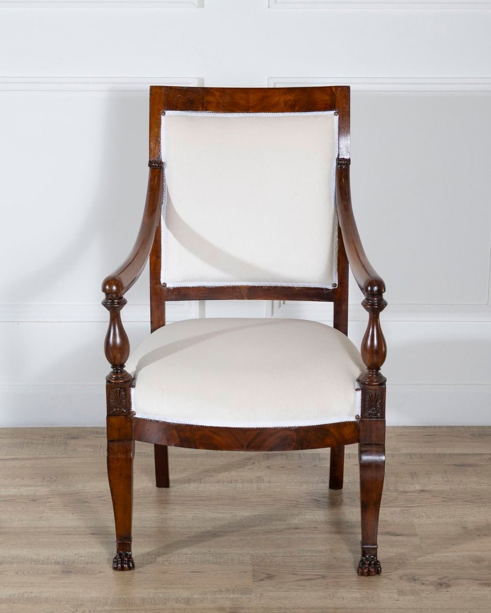 Pair of Italian Empire Armchairs in Mahogany with White Velvet Upholstery, Genoa 19th Century - JAA