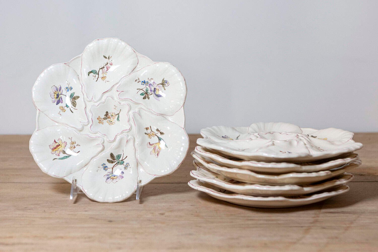 French 19th Century Longchamp Majolica Oyster Plates with Painted Floral Décor - JAA