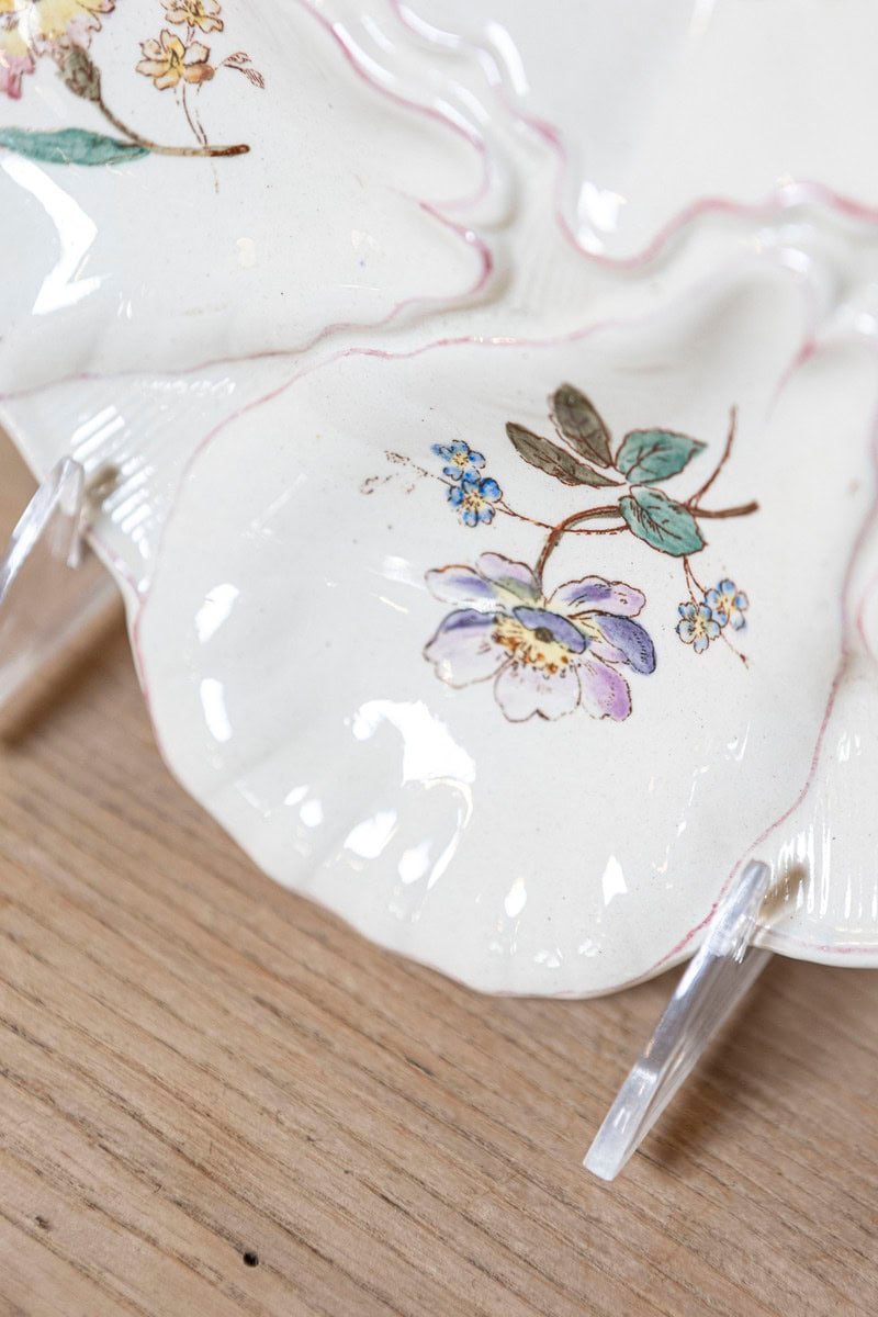 French 19th Century Longchamp Majolica Oyster Plates with Painted Floral Décor - JAA