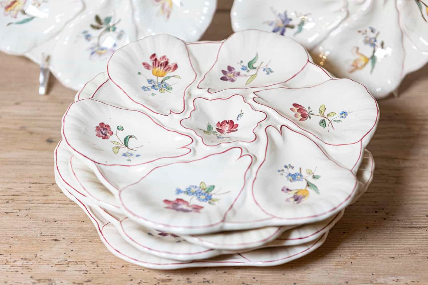 French 19th Century Longchamp Majolica Oyster Plates with Painted Floral Décor - JAA