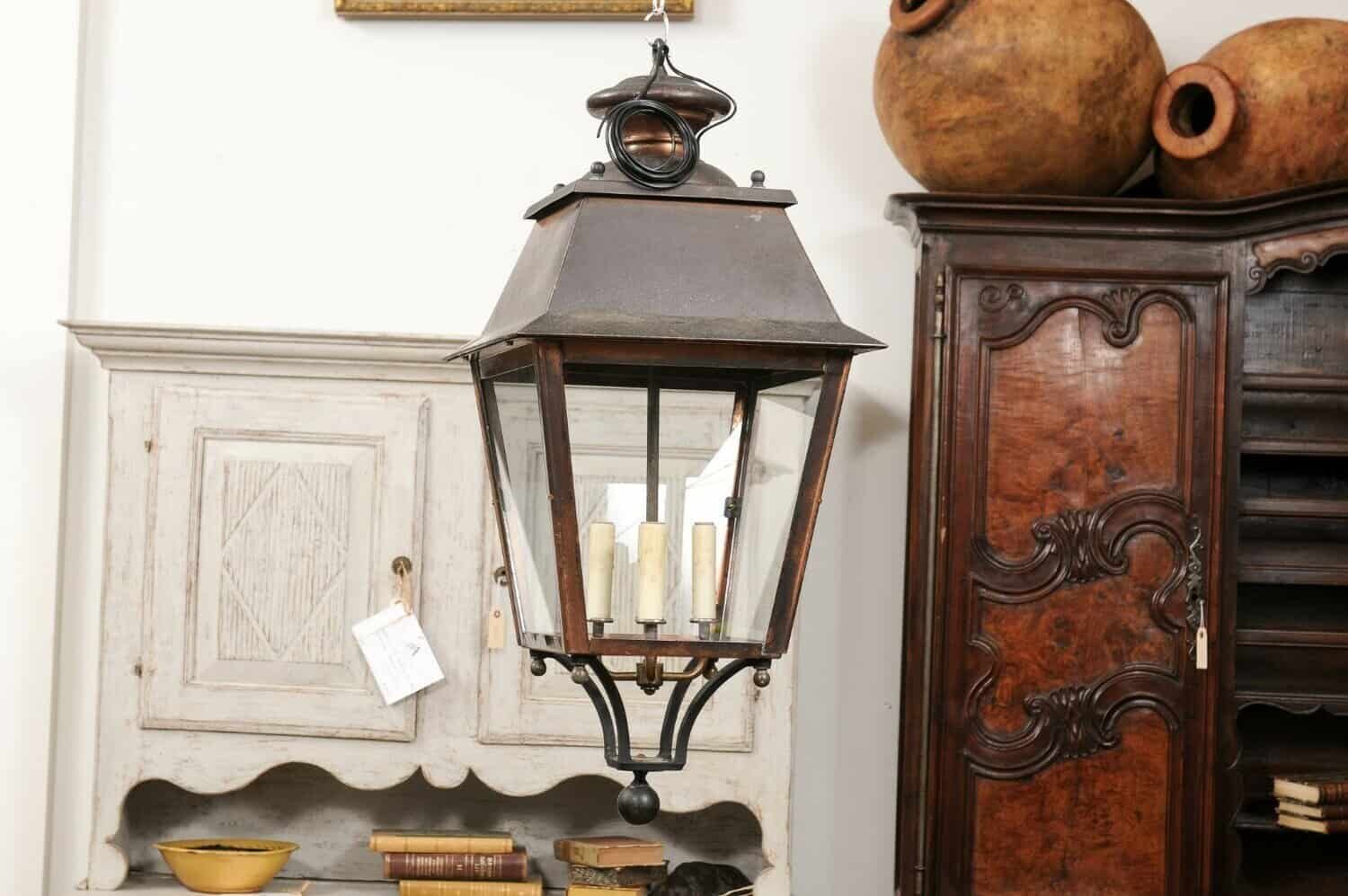 French Four-Light Copper and Glass Tapering Lantern USA Wired - JAA