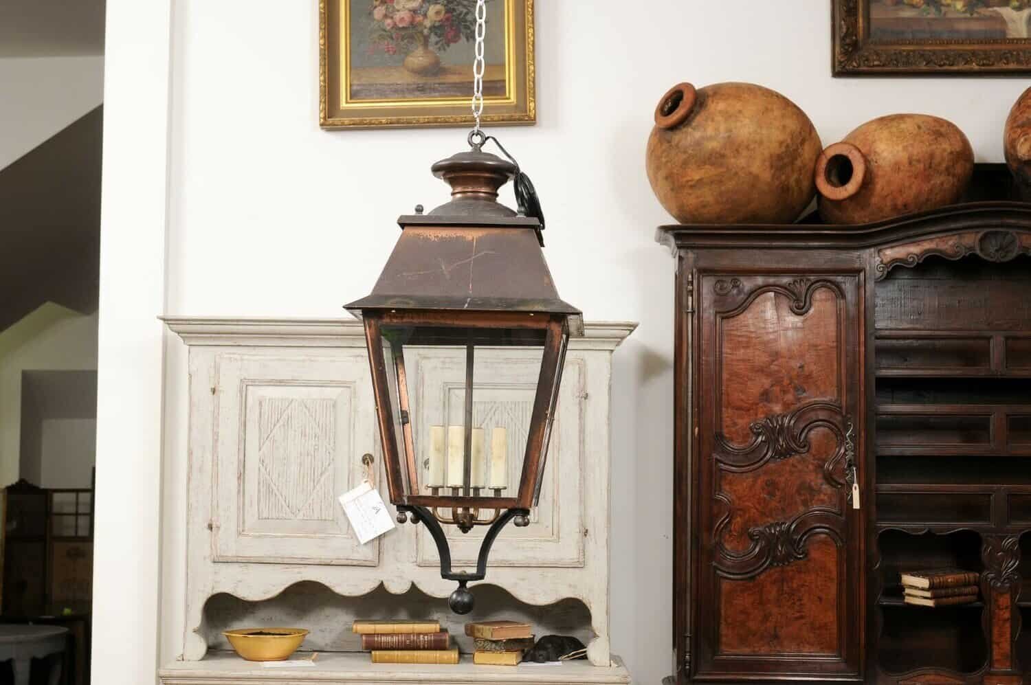 French Four-Light Copper and Glass Tapering Lantern USA Wired - JAA