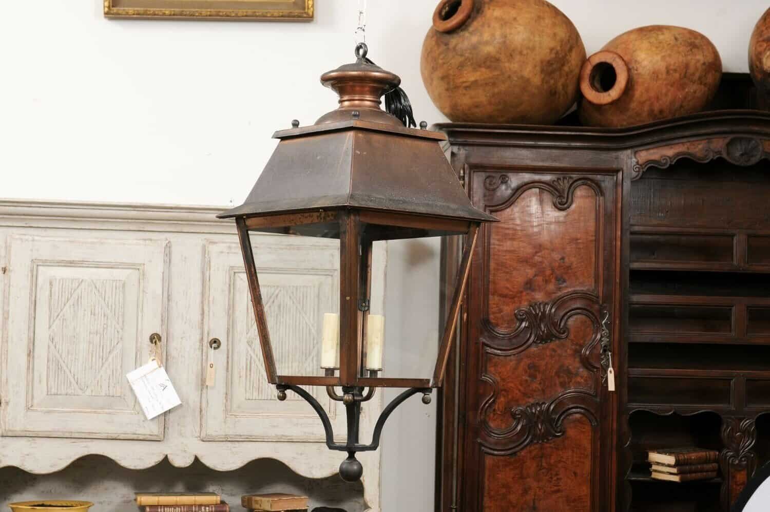 French Four-Light Copper and Glass Tapering Lantern USA Wired - JAA