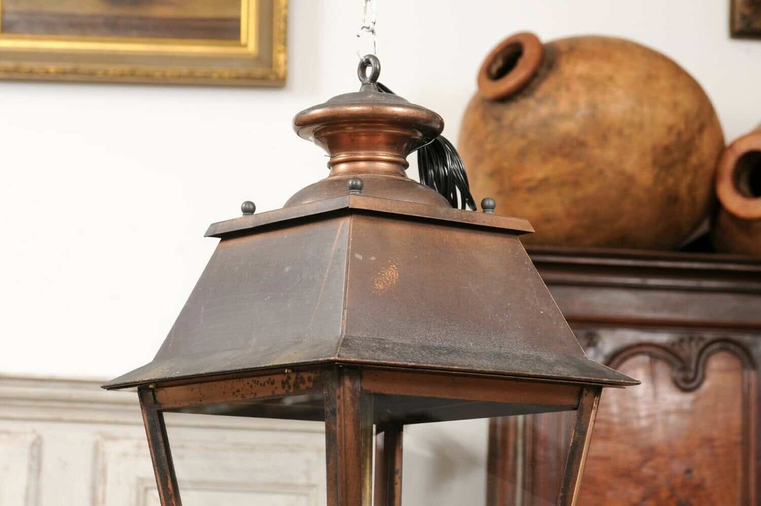 French Four-Light Copper and Glass Tapering Lantern USA Wired - JAA
