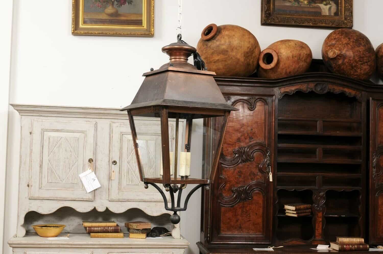 French Four-Light Copper and Glass Tapering Lantern USA Wired - JAA