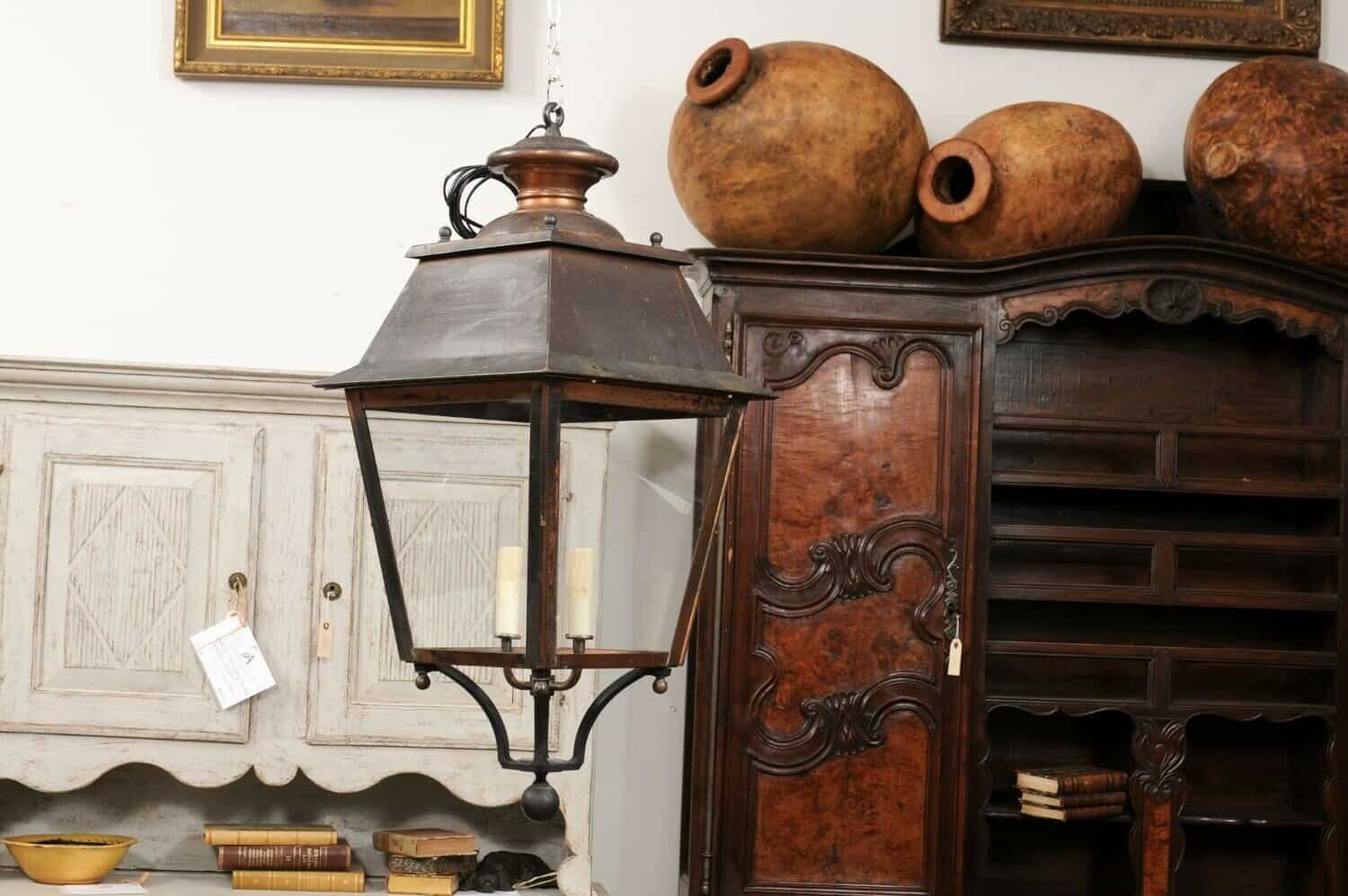 French Four-Light Copper and Glass Tapering Lantern USA Wired - JAA