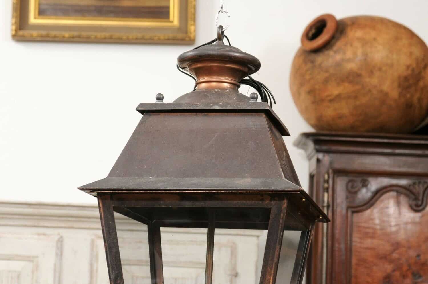 French Four-Light Copper and Glass Tapering Lantern USA Wired - JAA