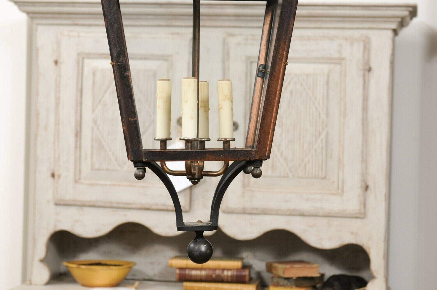 French Four-Light Copper and Glass Tapering Lantern USA Wired - JAA