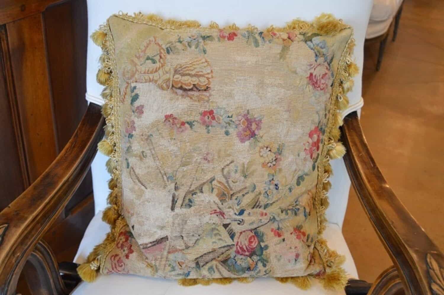 French Early 19th Century Silk and Angora Aubusson Tapestry Pillow with Flowers - JAA