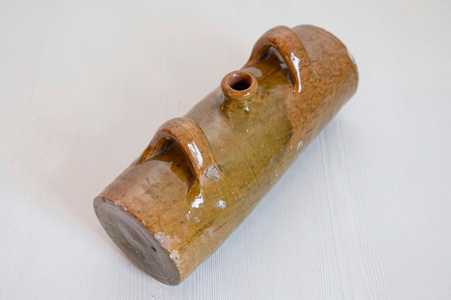 French Glazed Pottery Bouillotte Hot Water Bottle with Two Handles from Normandy - JAA