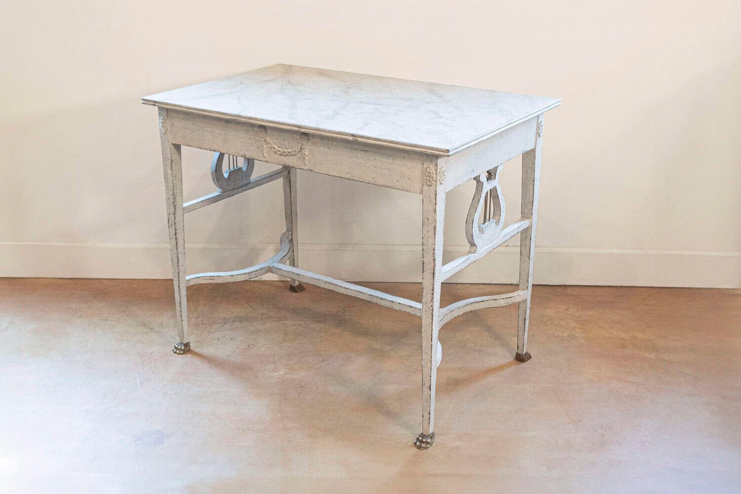 Swedish Neoclassical Style Painted Hall Table with Lyre Motifs and Lion Feet - JAA