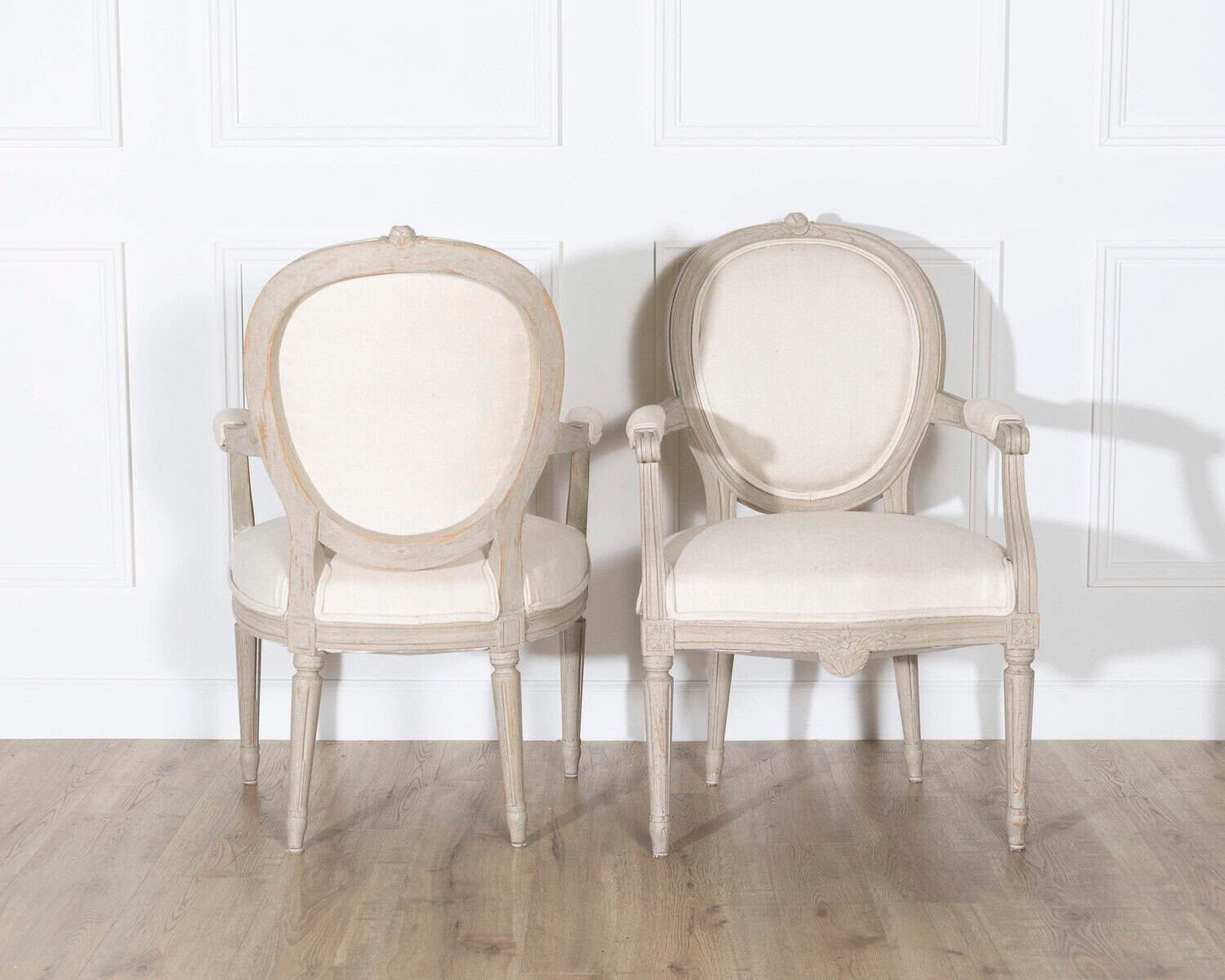 Pair of Early 20th Century Swedish Gustavian Style Oval Back Armchairs in Painted Wood - JAA