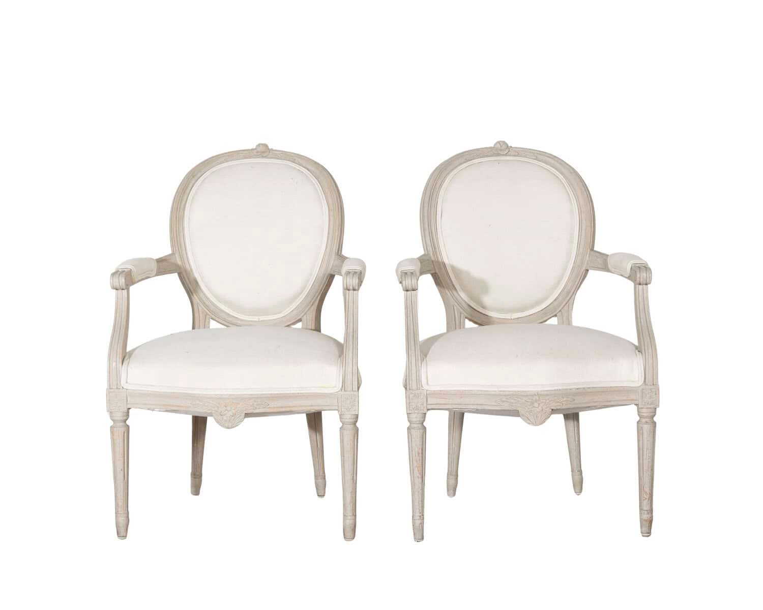 Pair of Early 20th Century Swedish Gustavian Style Oval Back Armchairs in Painted Wood