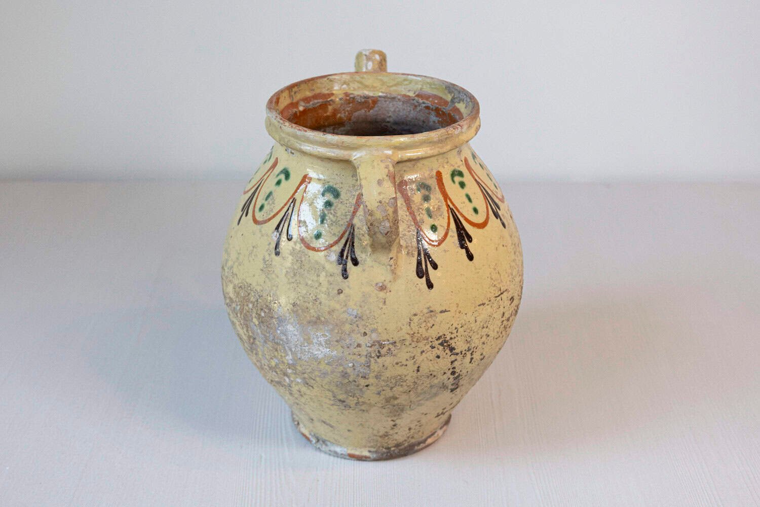 French 19th Century Rustic Glazed Pottery Olive Oil Pot with Polychrome Motifs - JAA