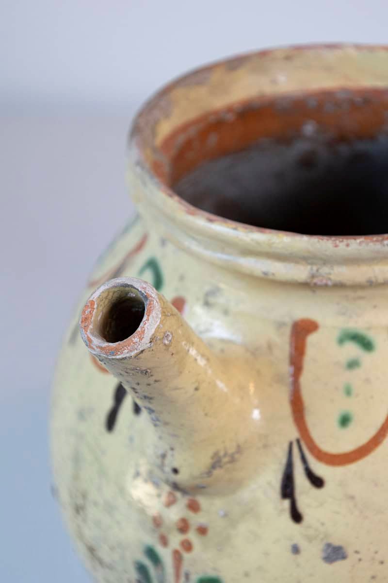 French 19th Century Rustic Glazed Pottery Olive Oil Pot with Polychrome Motifs - JAA