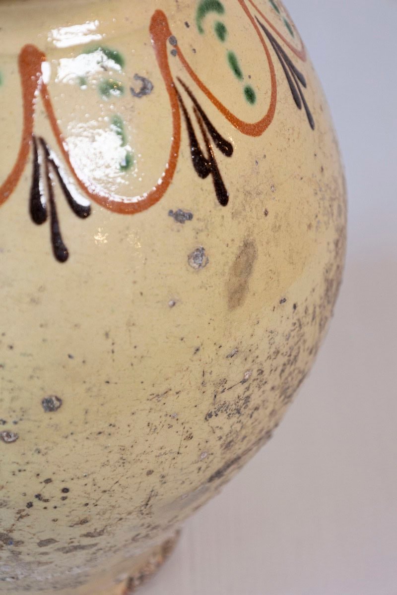 French 19th Century Rustic Glazed Pottery Olive Oil Pot with Polychrome Motifs - JAA
