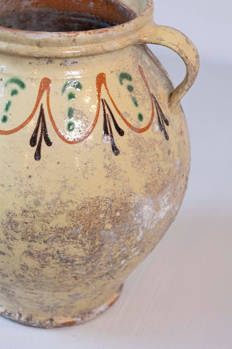 French 19th Century Rustic Glazed Pottery Olive Oil Pot with Polychrome Motifs - JAA