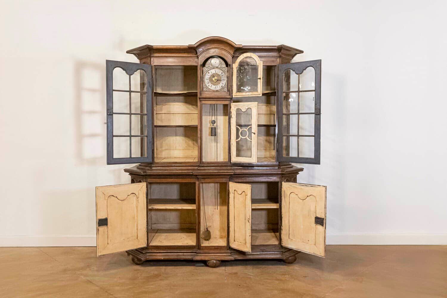 Dutch 1793s Carved Oak Buffet à Deux-Corps with Glass Doors and Pewter Clock - JAA